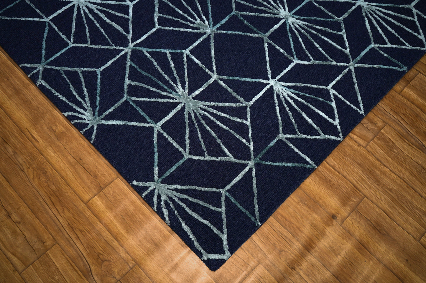 Navy Blue Ivory Geometric Star Burst Hand Tufted Wool Viscose Area Rug - Cut Pile Contemporary Custom Sizes