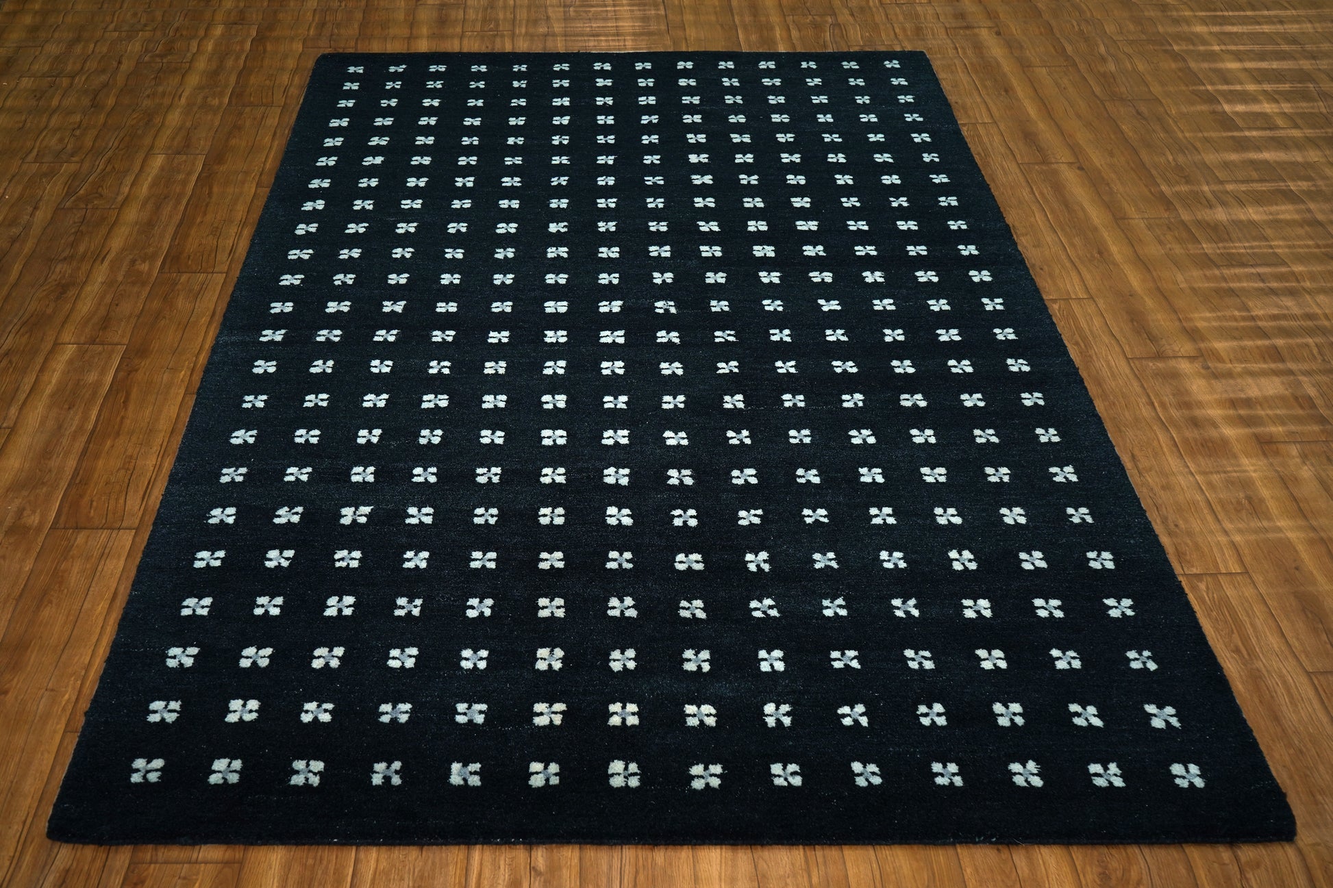 Navy Blue White Geometric Dots Hand Tufted Wool Area Rug - Cut Pile Modern Custom Sizes