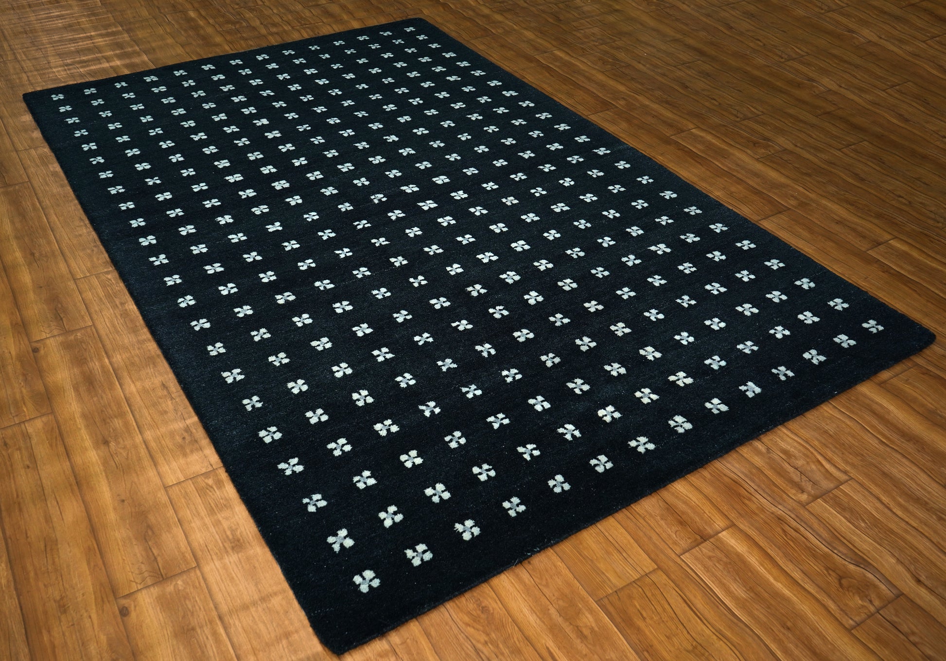 Navy Blue White Geometric Dots Hand Tufted Wool Area Rug - Cut Pile Modern Custom Sizes