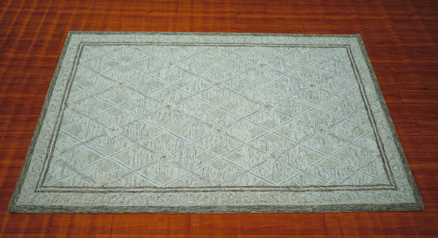 Sage Green Ivory Diamond Trellis Hand Tufted Wool Area Rug - Cut Pile Geometric Custom Sizes