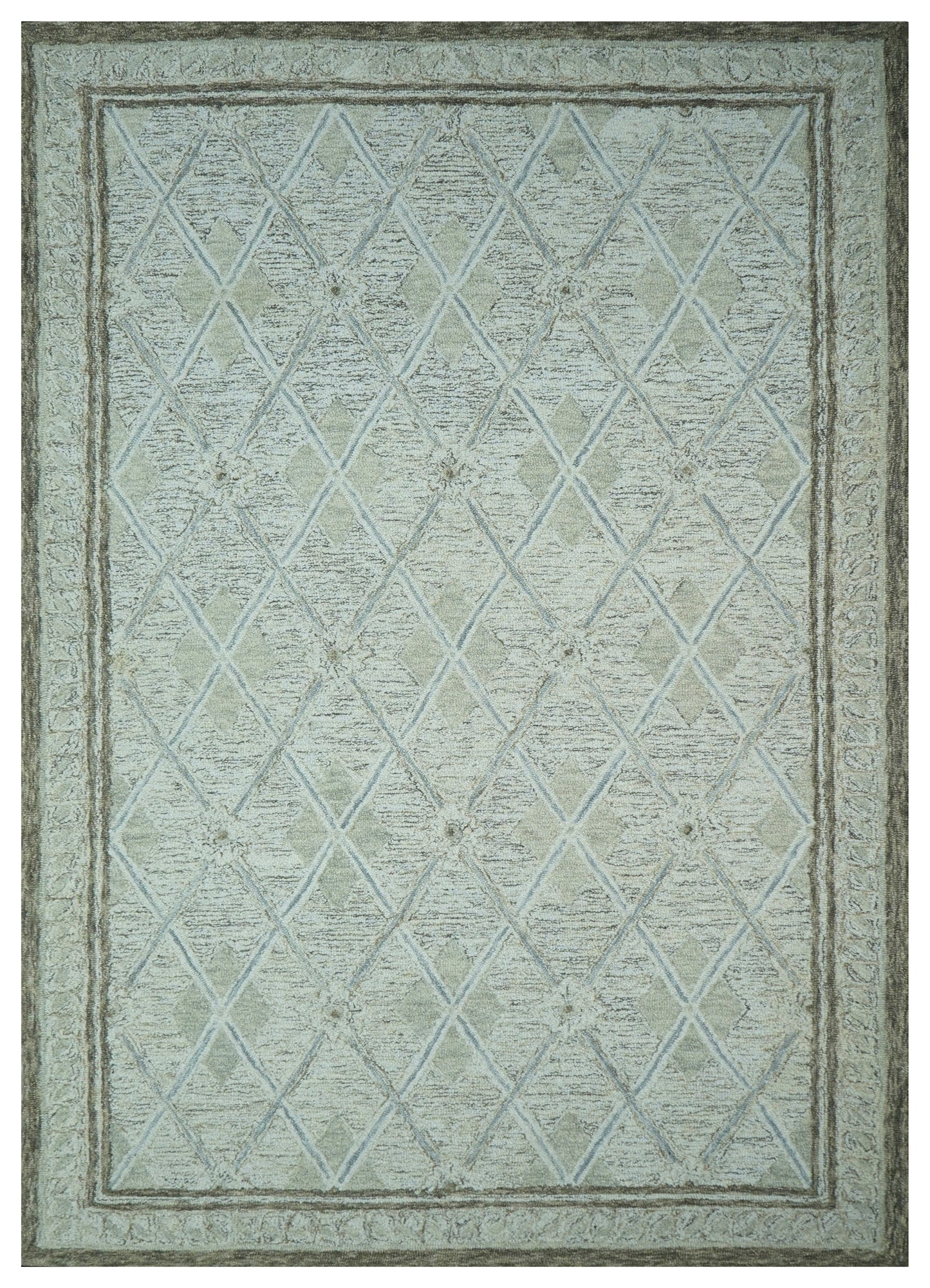 Sage Green Ivory Diamond Trellis Hand Tufted Wool Area Rug - Cut Pile Geometric Custom Sizes