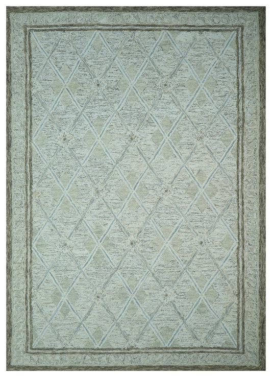 Sage Green Ivory Diamond Trellis Hand Tufted Wool Area Rug - Cut Pile Geometric Custom Sizes