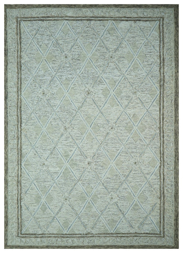 Sage Green Ivory Diamond Trellis Hand Tufted Wool Area Rug - Cut Pile Geometric Custom Sizes