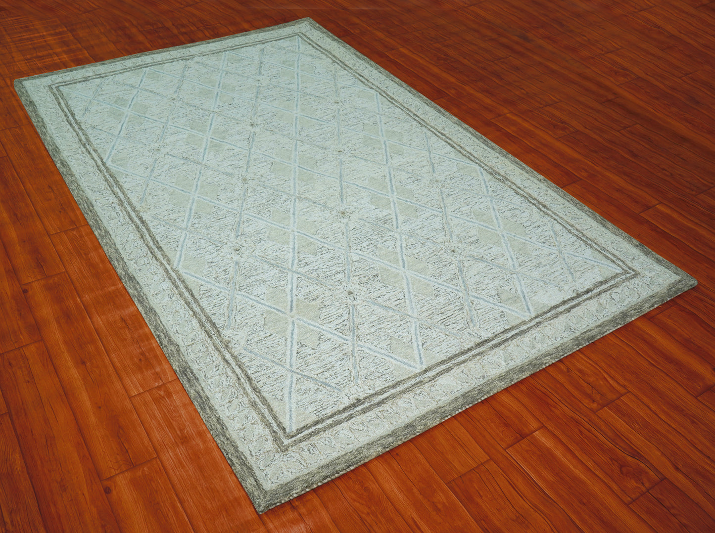 Sage Green Ivory Diamond Trellis Hand Tufted Wool Area Rug - Cut Pile Geometric Custom Sizes