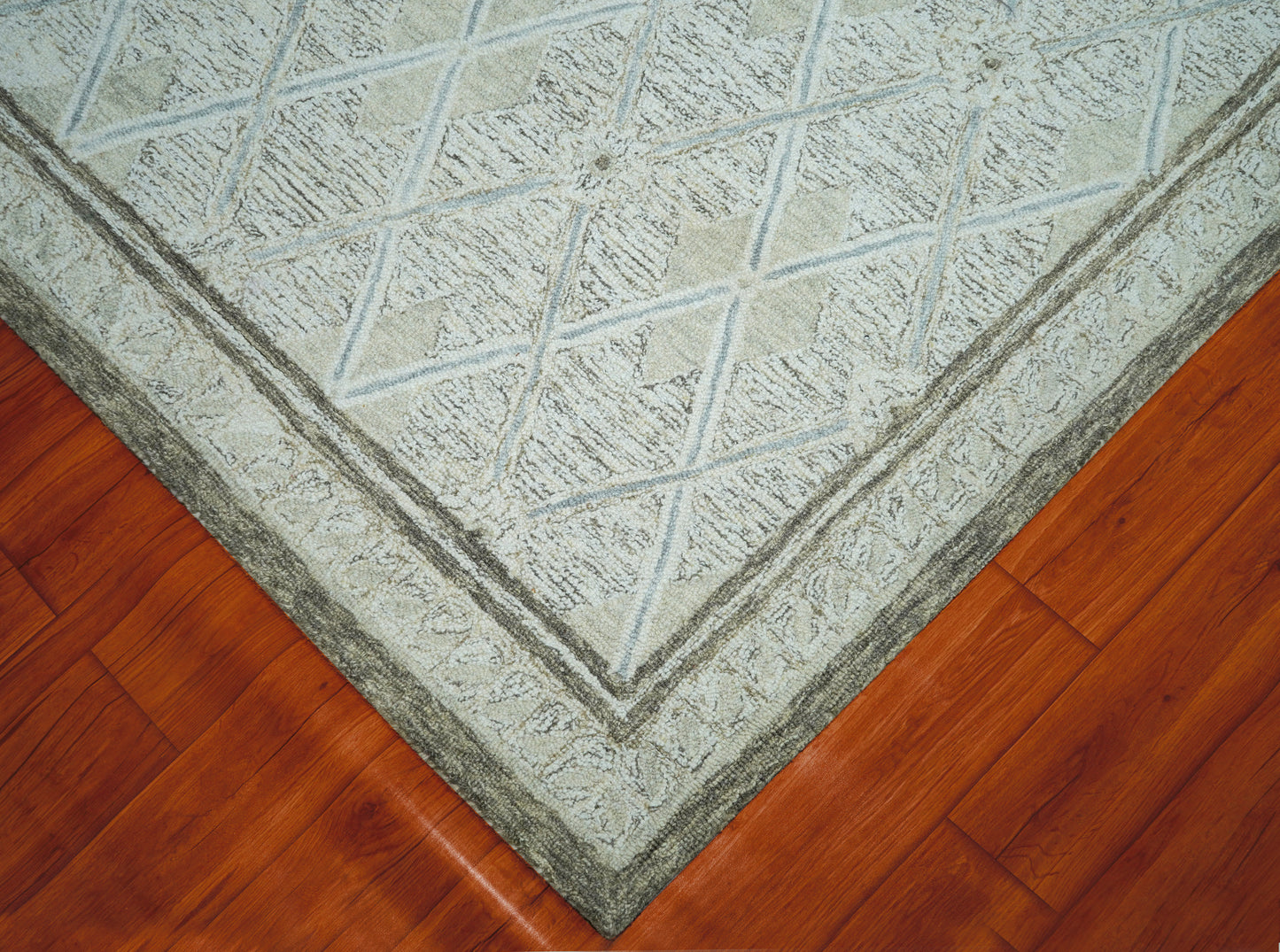 Sage Green Ivory Diamond Trellis Hand Tufted Wool Area Rug - Cut Pile Geometric Custom Sizes