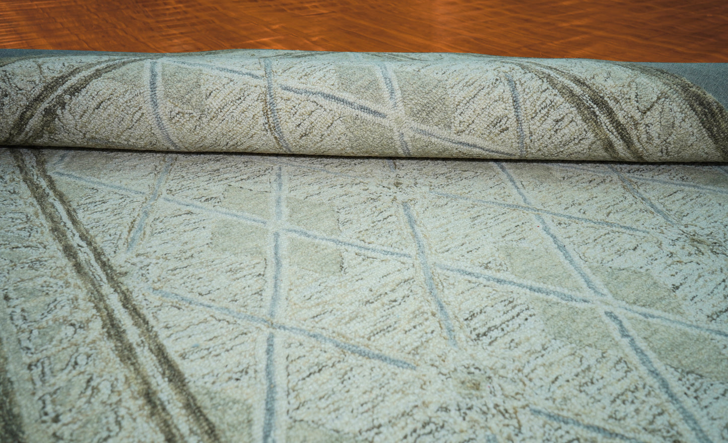 Sage Green Ivory Diamond Trellis Hand Tufted Wool Area Rug - Cut Pile Geometric Custom Sizes