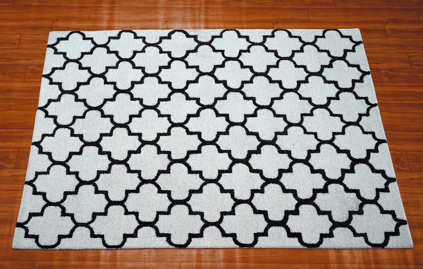 White Black Moroccan Trellis Hand Tufted Wool Area Rug - Cut Pile Geometric Custom Sizes