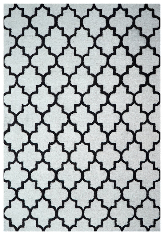 White Black Moroccan Trellis Hand Tufted Wool Area Rug - Cut Pile Geometric Custom Sizes