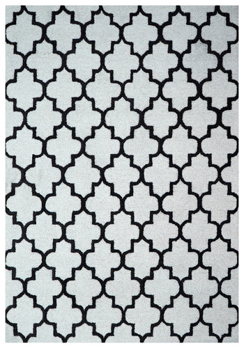 White Black Moroccan Trellis Hand Tufted Wool Area Rug - Cut Pile Geometric Custom Sizes