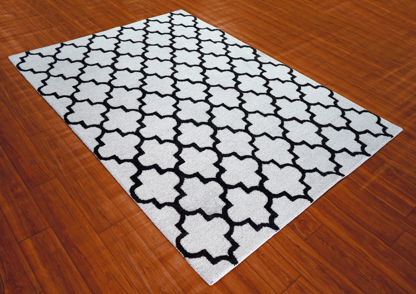 White Black Moroccan Trellis Hand Tufted Wool Area Rug - Cut Pile Geometric Custom Sizes