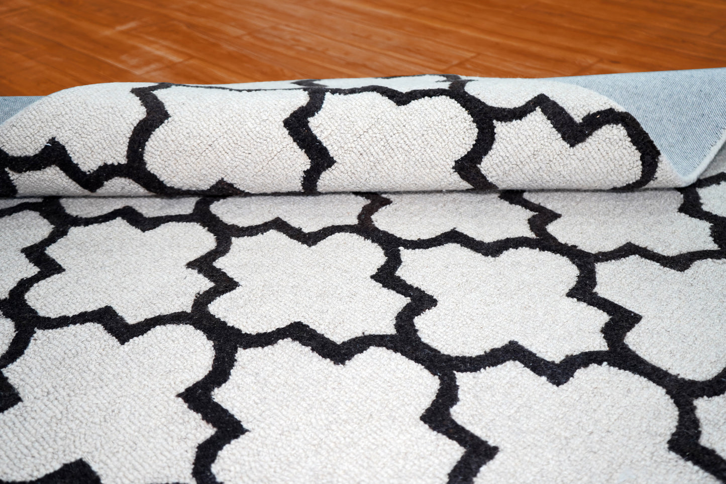 White Black Moroccan Trellis Hand Tufted Wool Area Rug - Cut Pile Geometric Custom Sizes