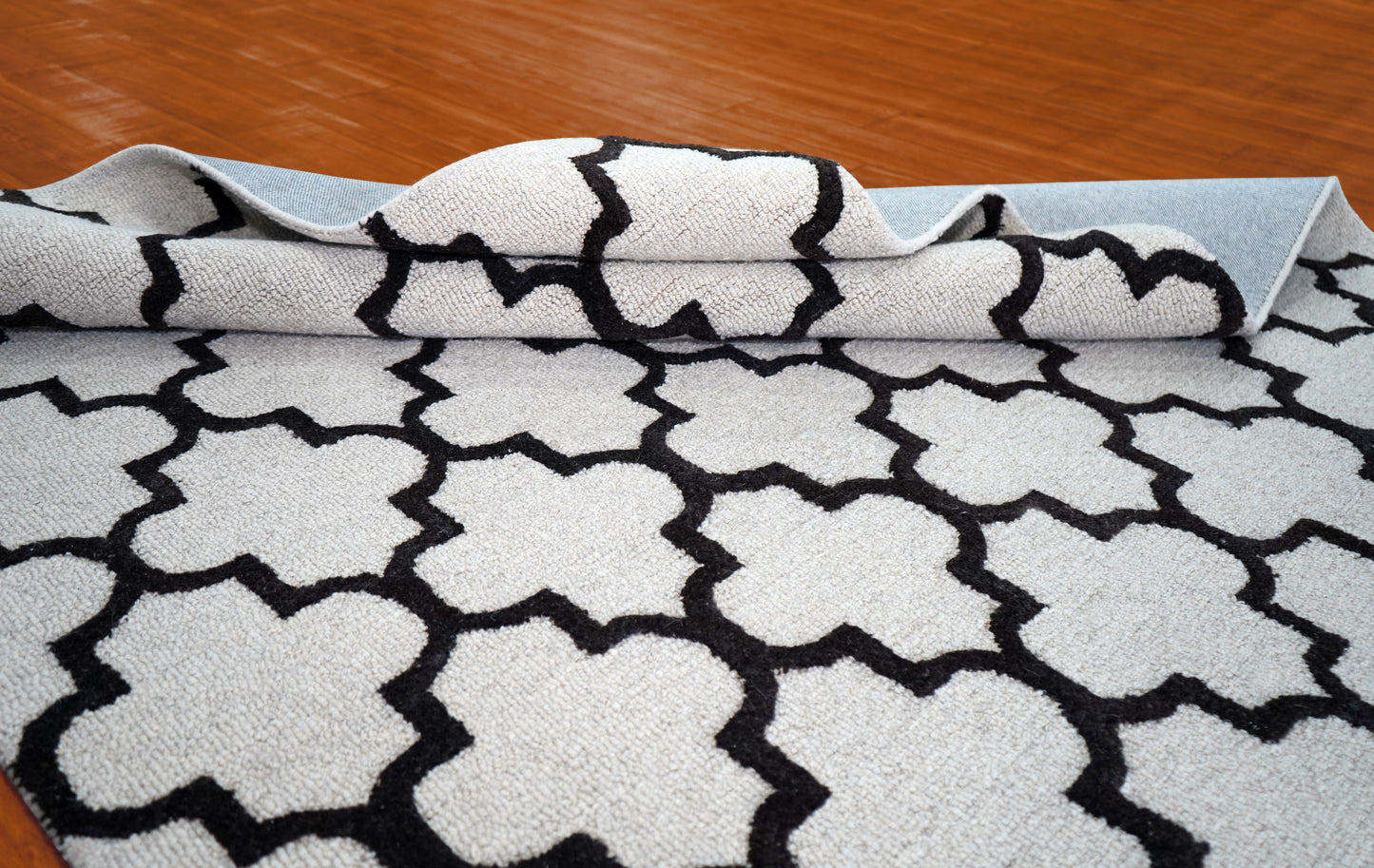 White Black Moroccan Trellis Hand Tufted Wool Area Rug - Cut Pile Geometric Custom Sizes