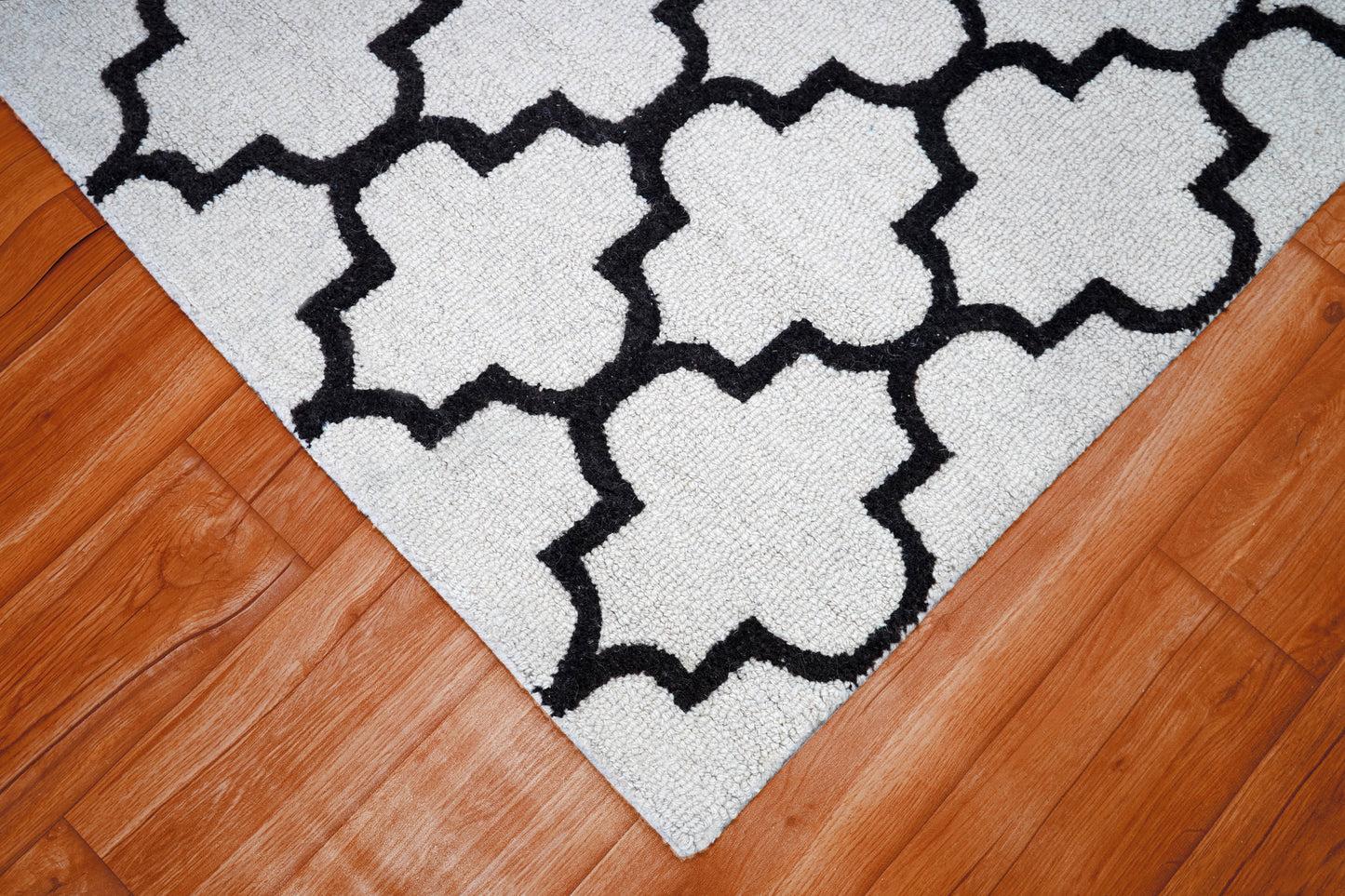 White Black Moroccan Trellis Hand Tufted Wool Area Rug - Cut Pile Geometric Custom Sizes