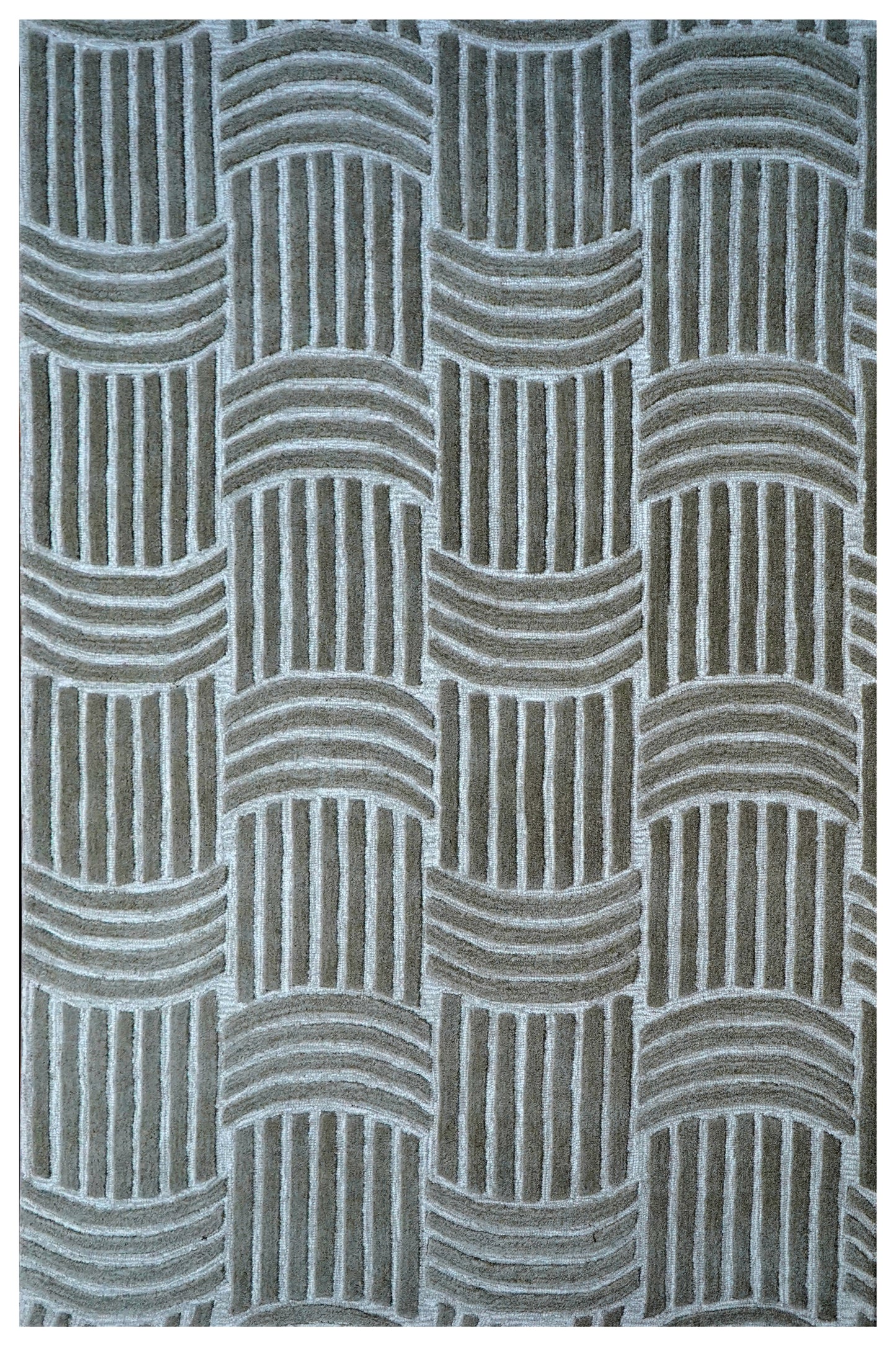 Wool Hand Tufted Cut Pile Area Rug - Grey White Geometric Basket weave Textured Custom Sizes