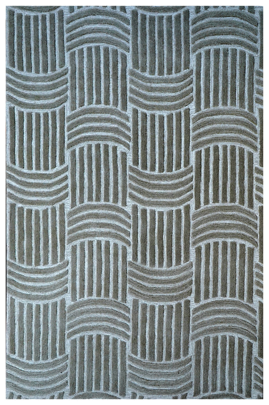 Wool Hand Tufted Cut Pile Area Rug - Grey White Geometric Basket weave Textured Custom Sizes