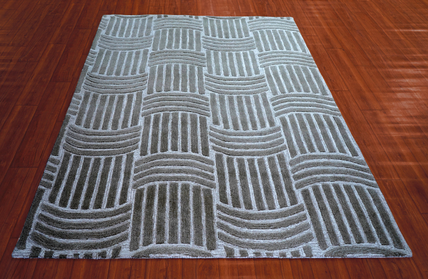 Wool Hand Tufted Cut Pile Area Rug - Grey White Geometric Basket weave Textured Custom Sizes
