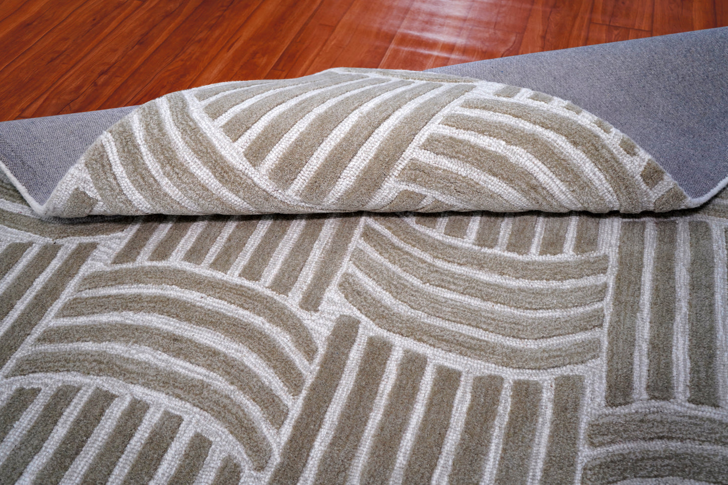 Wool Hand Tufted Cut Pile Area Rug - Grey White Geometric Basket weave Textured Custom Sizes