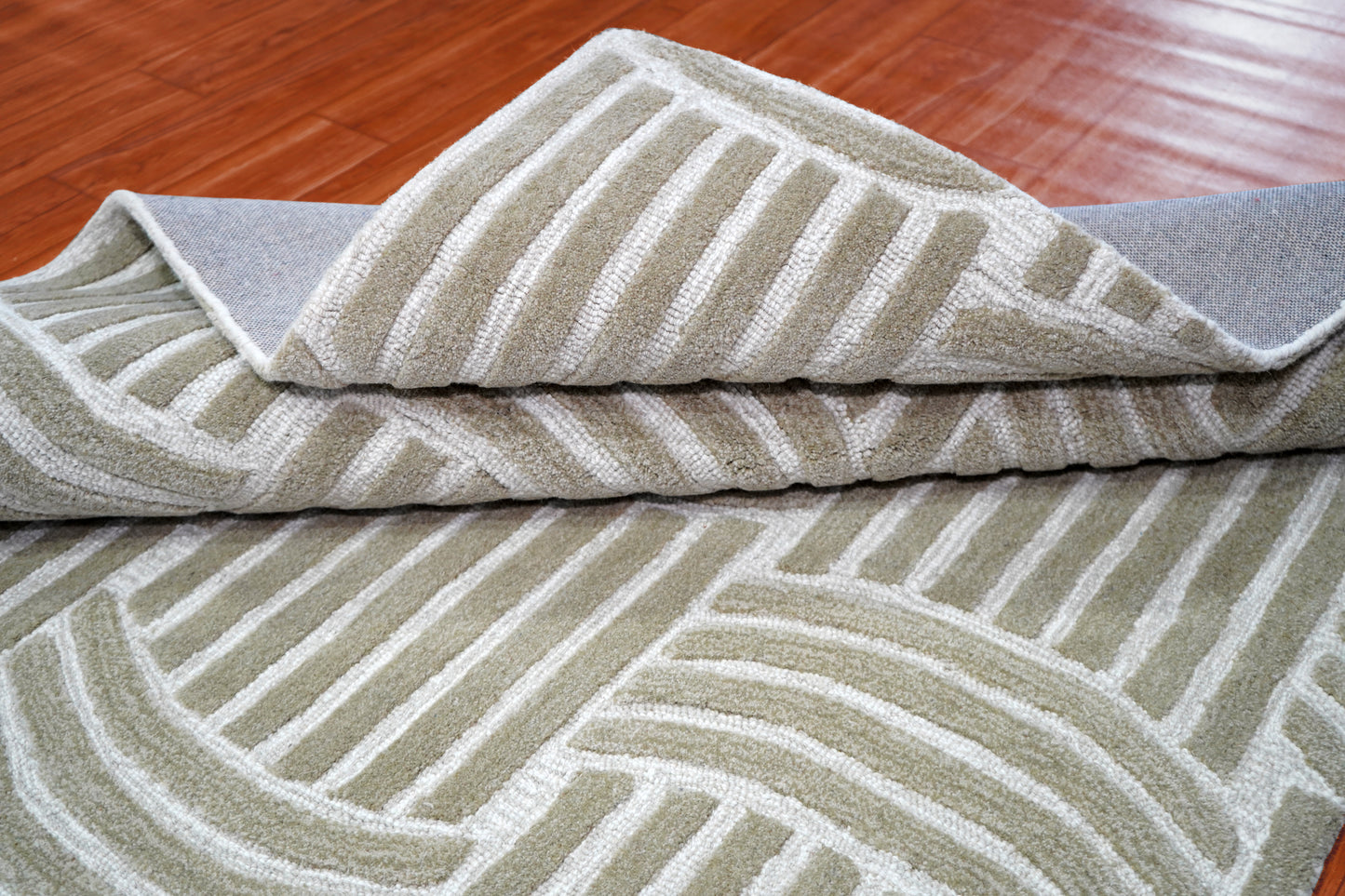 Wool Hand Tufted Cut Pile Area Rug - Grey White Geometric Basket weave Textured Custom Sizes