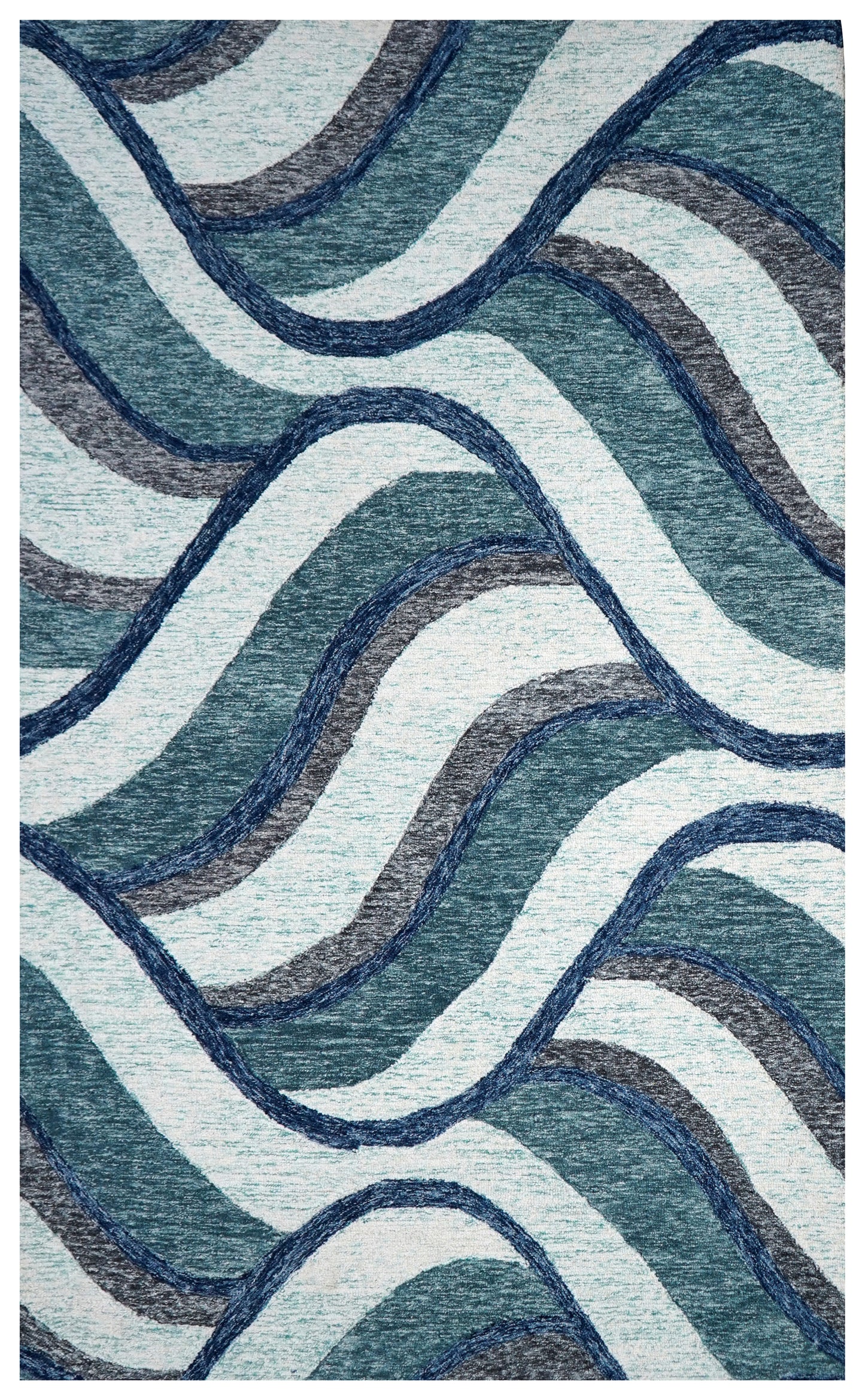 Abstract Waves Hand Tufted Wool Area Rug - Blue Grey White Navy Cut Pile Custom Sizes