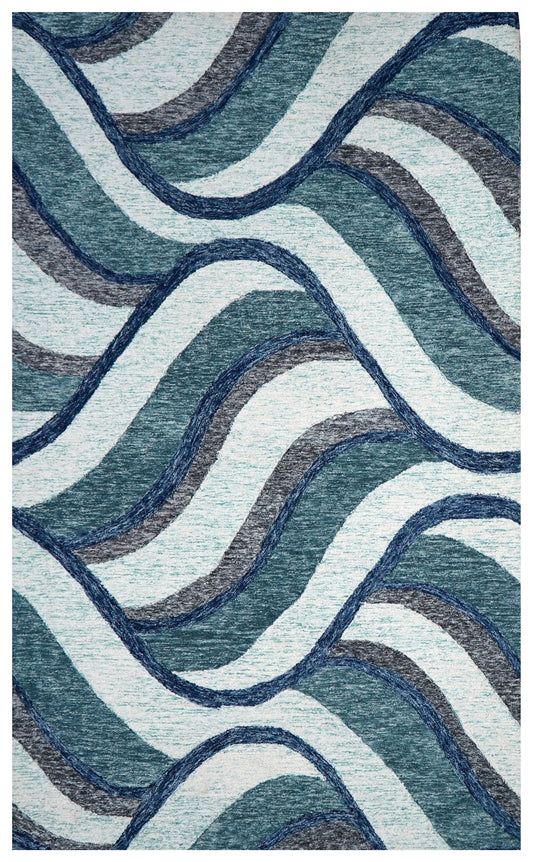 Abstract Waves Hand Tufted Wool Area Rug - Blue Grey White Navy Cut Pile Custom Sizes