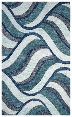 Abstract Waves Hand Tufted Wool Area Rug - Blue Grey White Navy Cut Pile Custom Sizes