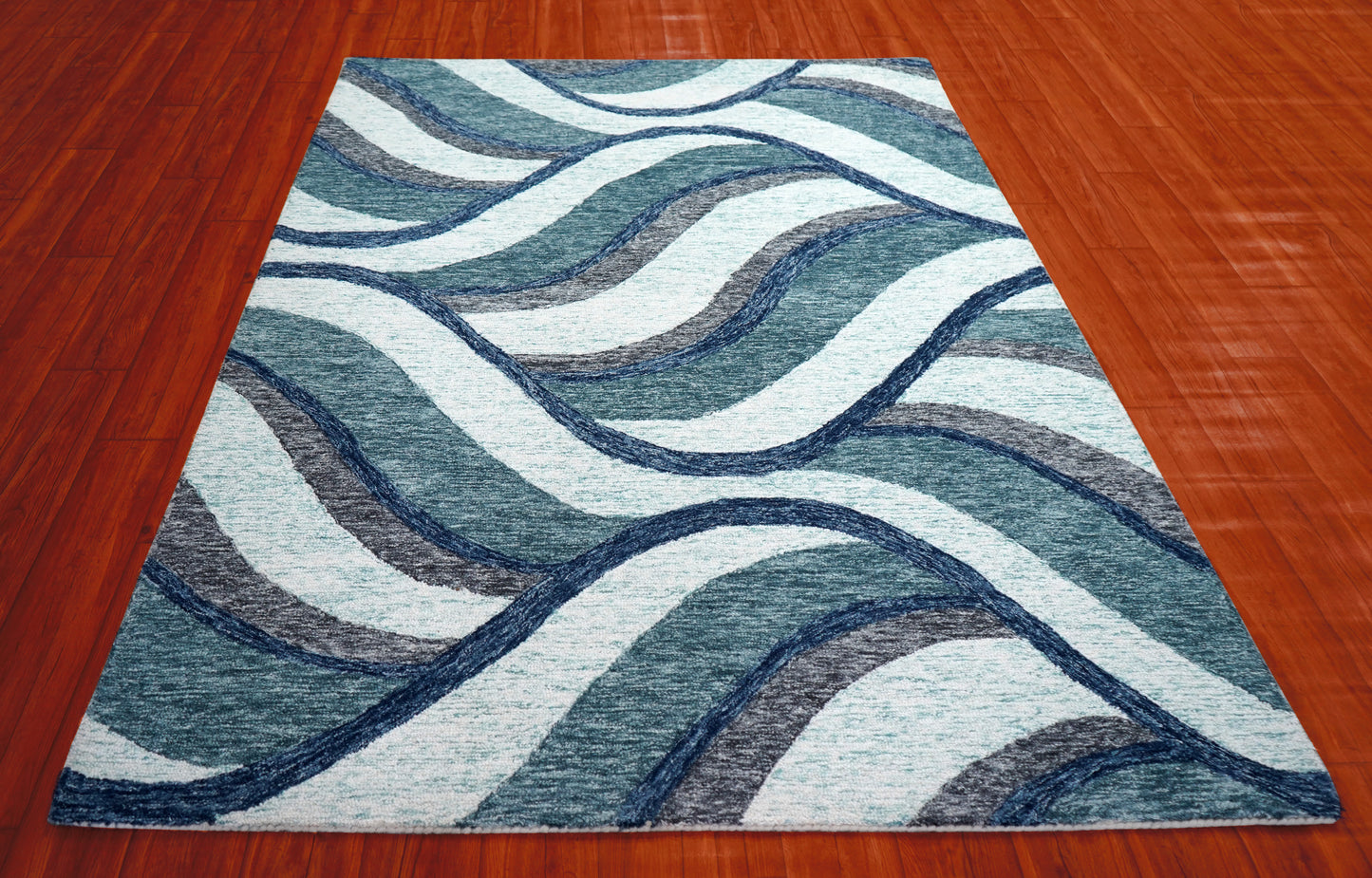 Abstract Waves Hand Tufted Wool Area Rug - Blue Grey White Navy Cut Pile Custom Sizes