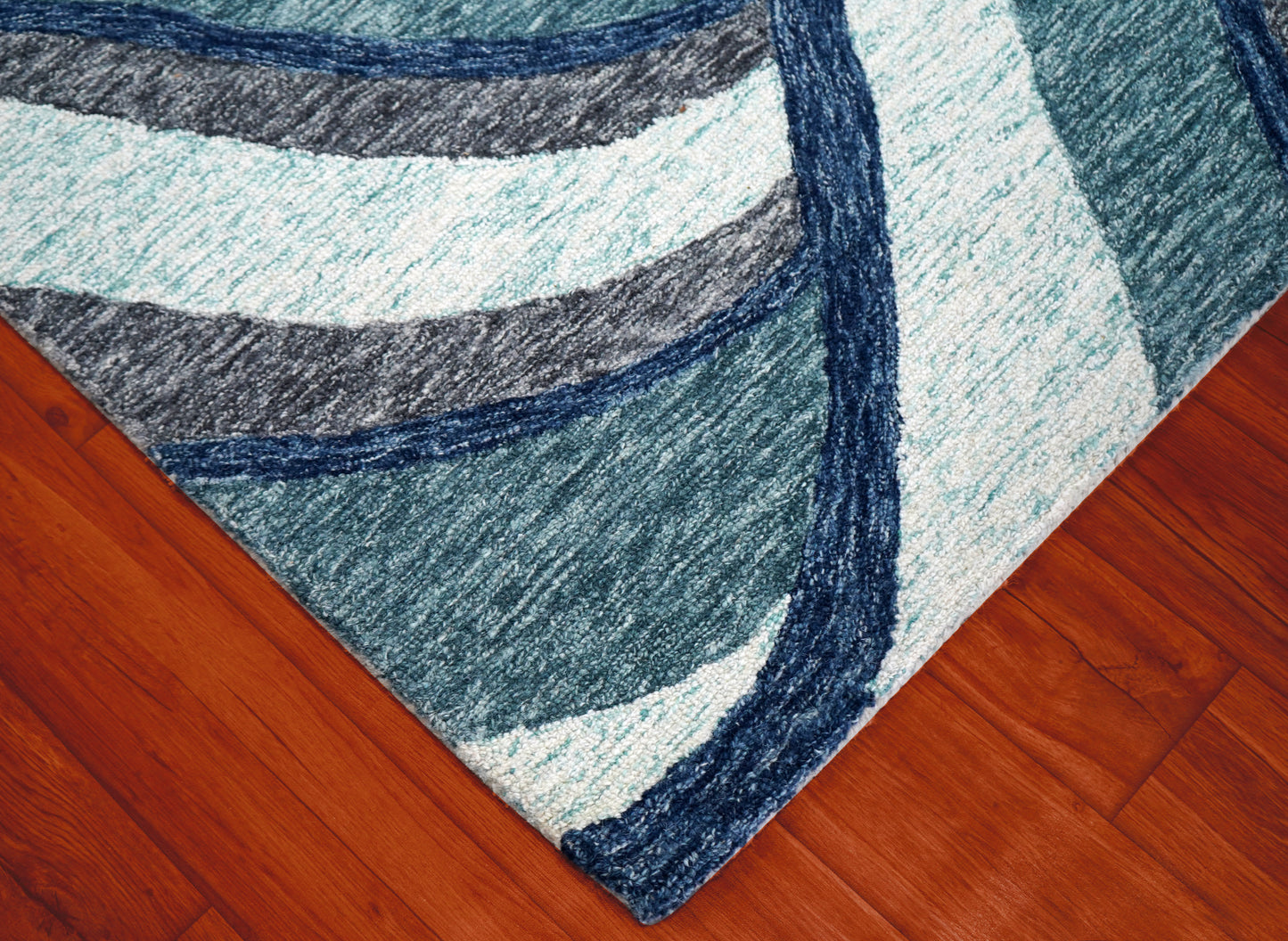 Abstract Waves Hand Tufted Wool Area Rug - Blue Grey White Navy Cut Pile Custom Sizes