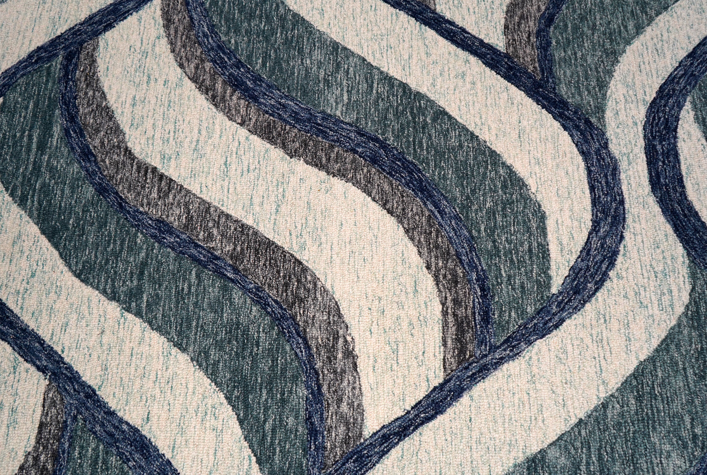 Abstract Waves Hand Tufted Wool Area Rug - Blue Grey White Navy Cut Pile Custom Sizes