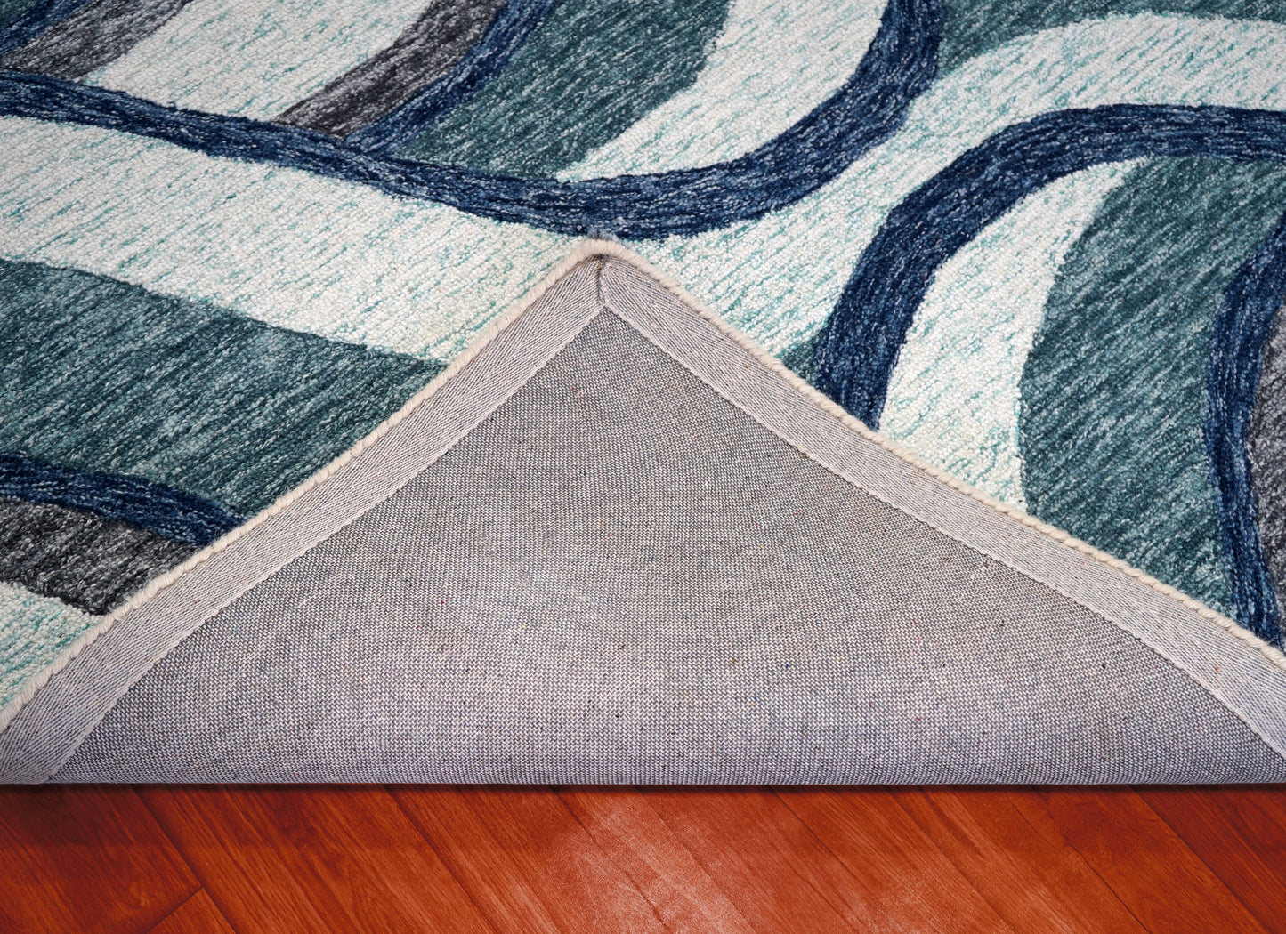 Abstract Waves Hand Tufted Wool Area Rug - Blue Grey White Navy Cut Pile Custom Sizes