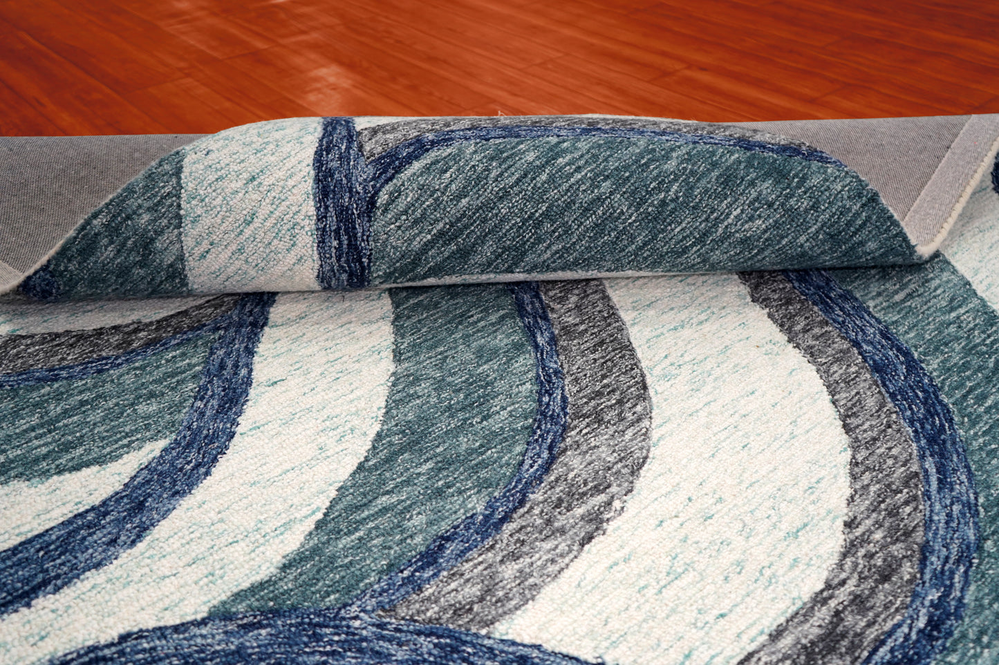 Abstract Waves Hand Tufted Wool Area Rug - Blue Grey White Navy Cut Pile Custom Sizes