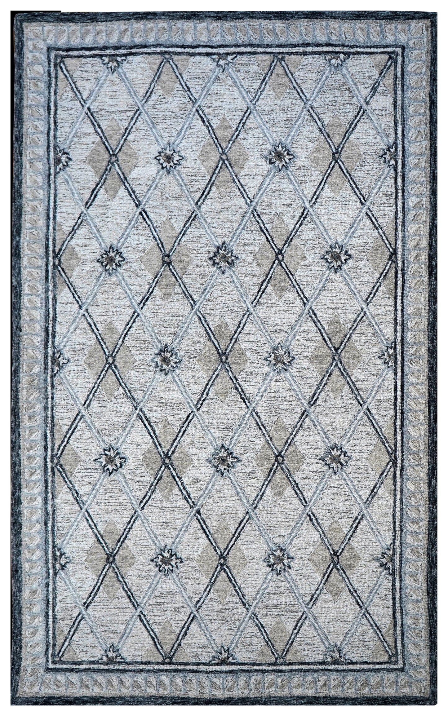 Silver Grey Diamond Lattice Floral Hand Tufted Wool Area Rug - Cut Pile Geometric Custom Sizes
