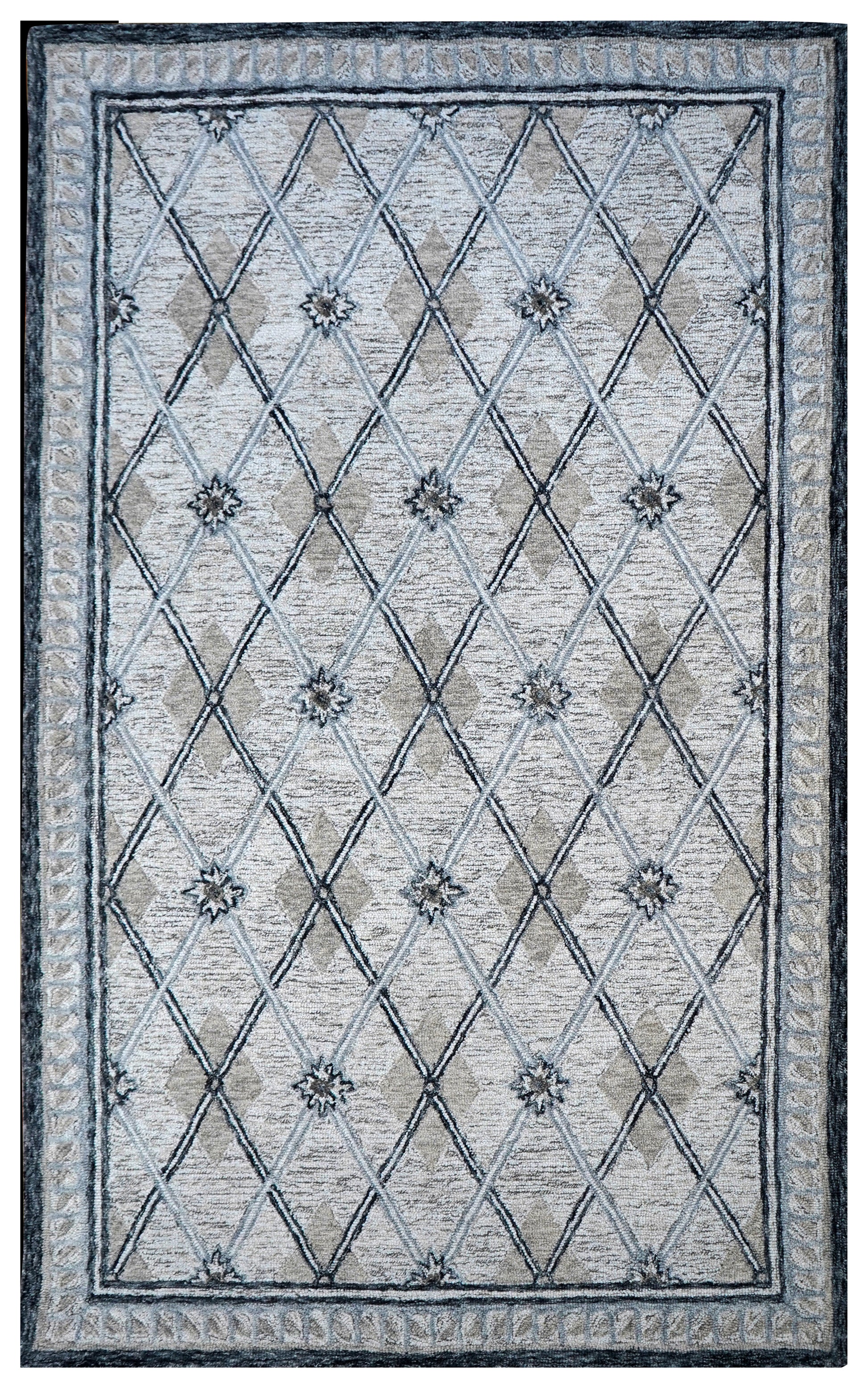 Silver Grey Diamond Lattice Floral Hand Tufted Wool Area Rug - Cut Pile Geometric Custom Sizes