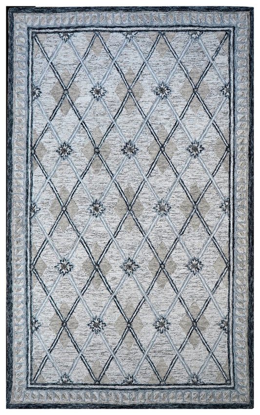 Silver Grey Diamond Lattice Floral Hand Tufted Wool Area Rug - Cut Pile Geometric Custom Sizes