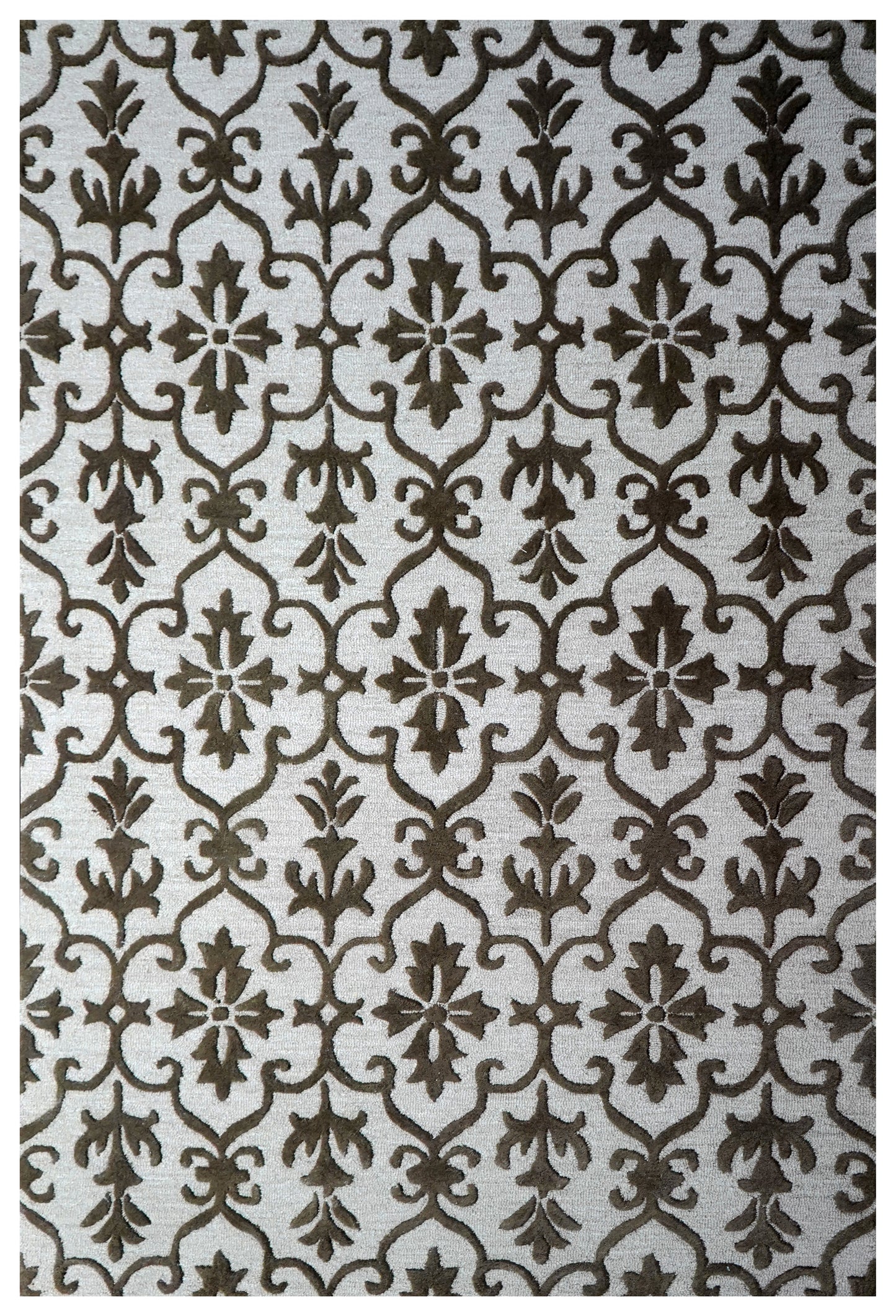 Damask Scrollwork Hand Tufted Wool Area Rug - White Grey Brown Cut Pile Custom Sizes