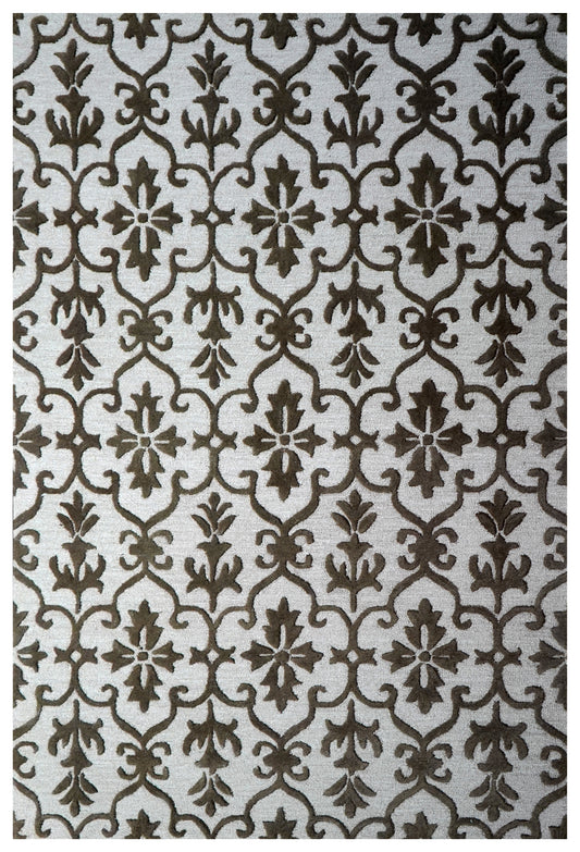 Damask Scrollwork Hand Tufted Wool Area Rug - White Grey Brown Cut Pile Custom Sizes