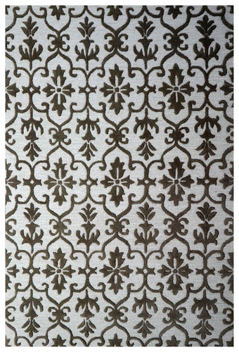 Damask Scrollwork Hand Tufted Wool Area Rug - White Grey Brown Cut Pile Custom Sizes
