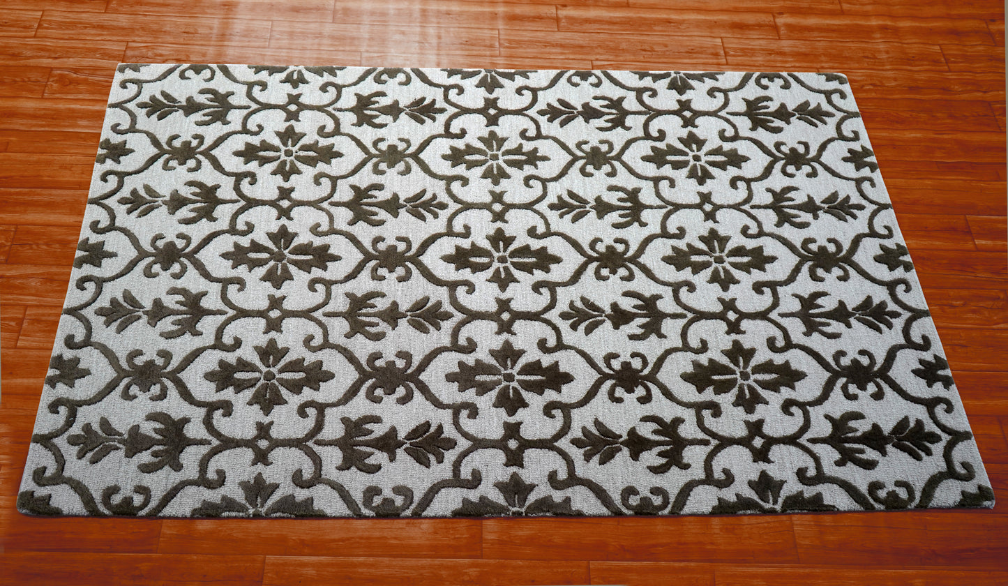 Damask Scrollwork Hand Tufted Wool Area Rug - White Grey Brown Cut Pile Custom Sizes
