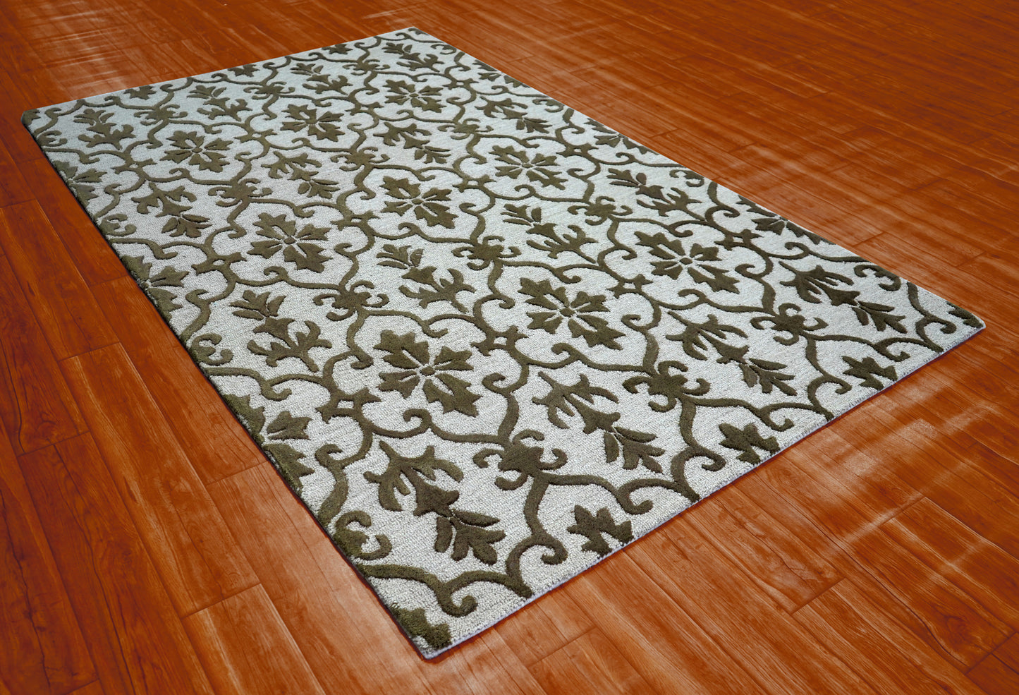 Damask Scrollwork Hand Tufted Wool Area Rug - White Grey Brown Cut Pile Custom Sizes