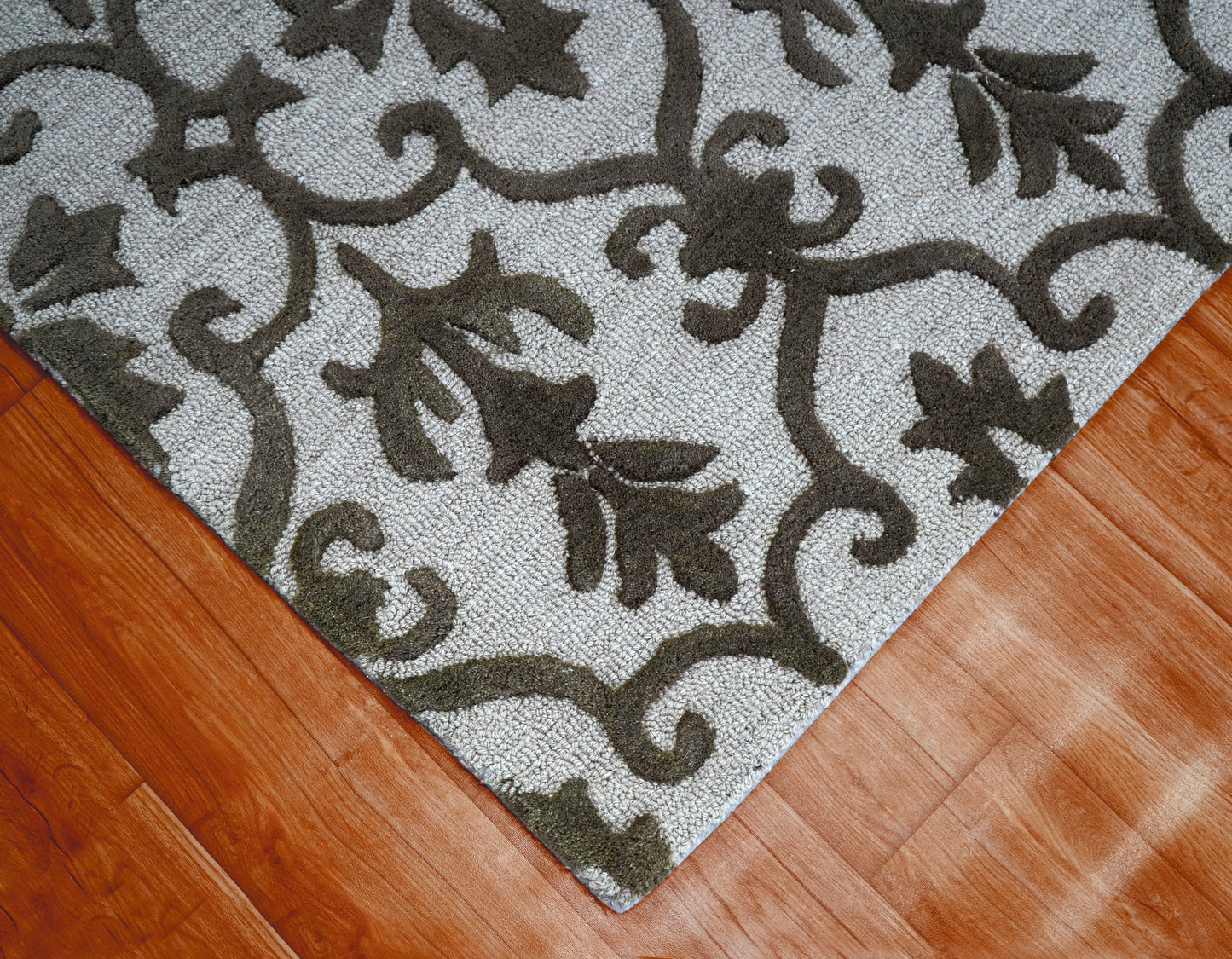 Damask Scrollwork Hand Tufted Wool Area Rug - White Grey Brown Cut Pile Custom Sizes