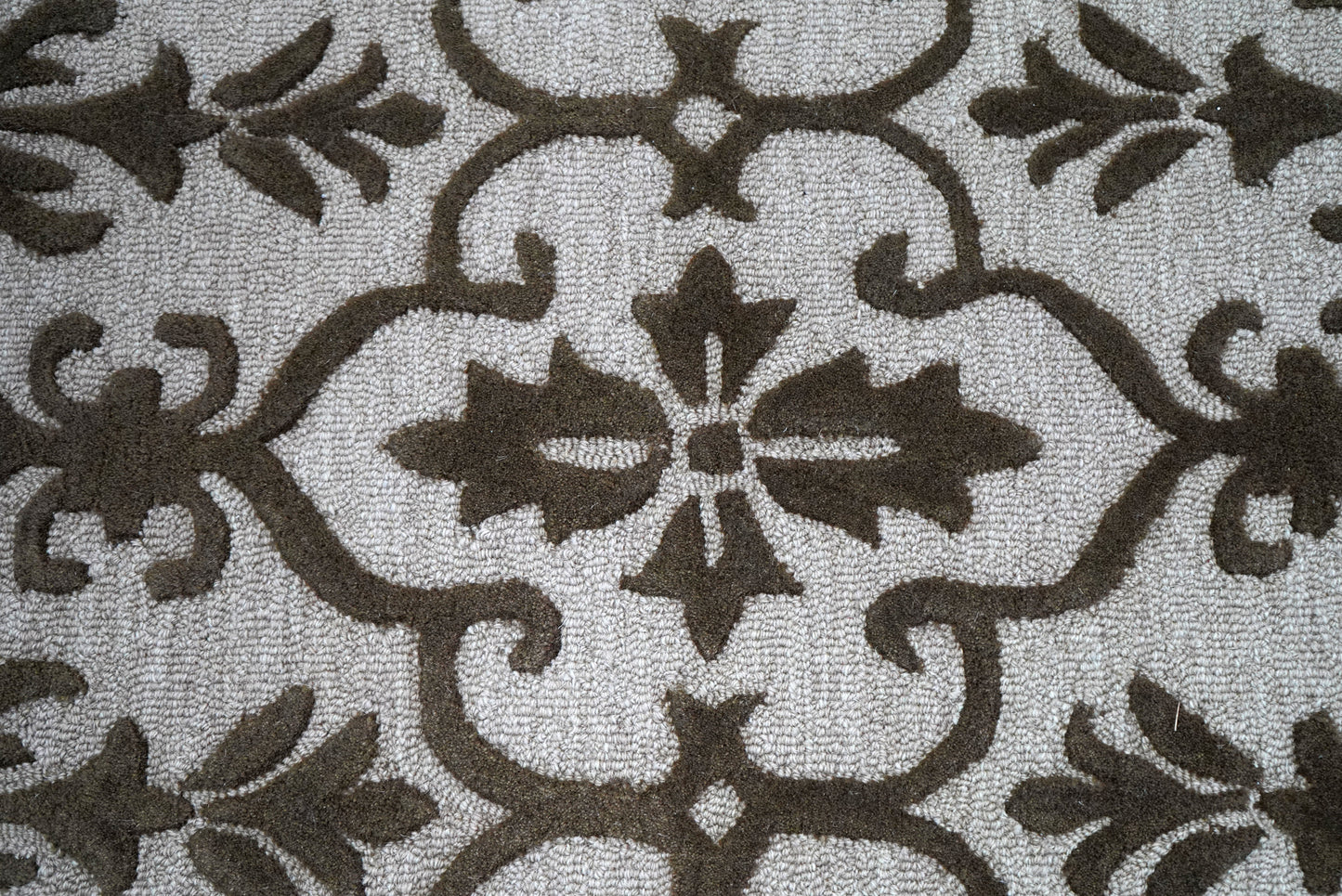 Damask Scrollwork Hand Tufted Wool Area Rug - White Grey Brown Cut Pile Custom Sizes