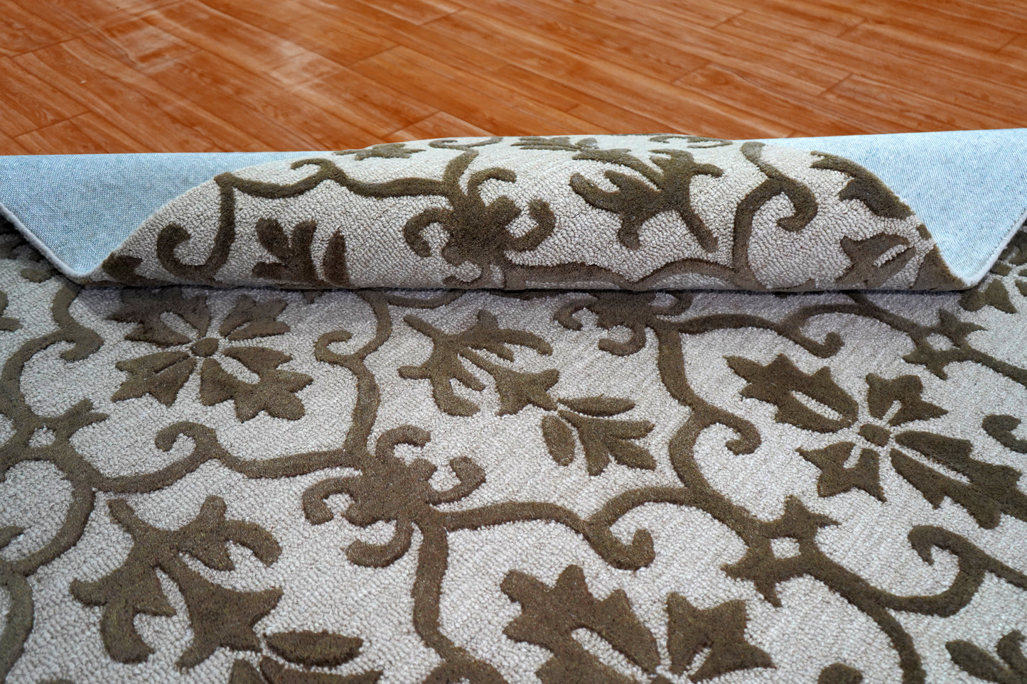 Damask Scrollwork Hand Tufted Wool Area Rug - White Grey Brown Cut Pile Custom Sizes
