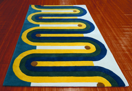 Hand Tufted Wool Cut Pile Geometric Area Rug - Blue Yellow Green White Wavy Stripes Custom Sizes