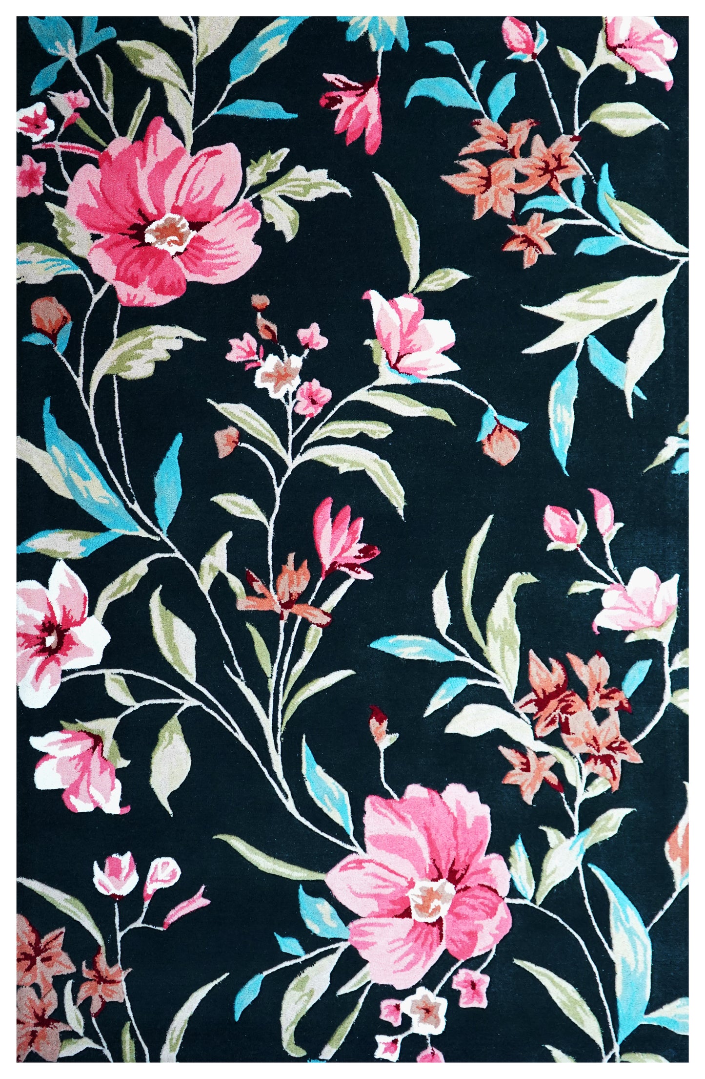 Black Pink Turquoise Green Hand Tufted Floral Wool Area Rug - Cut Pile Custom Sizes Available
