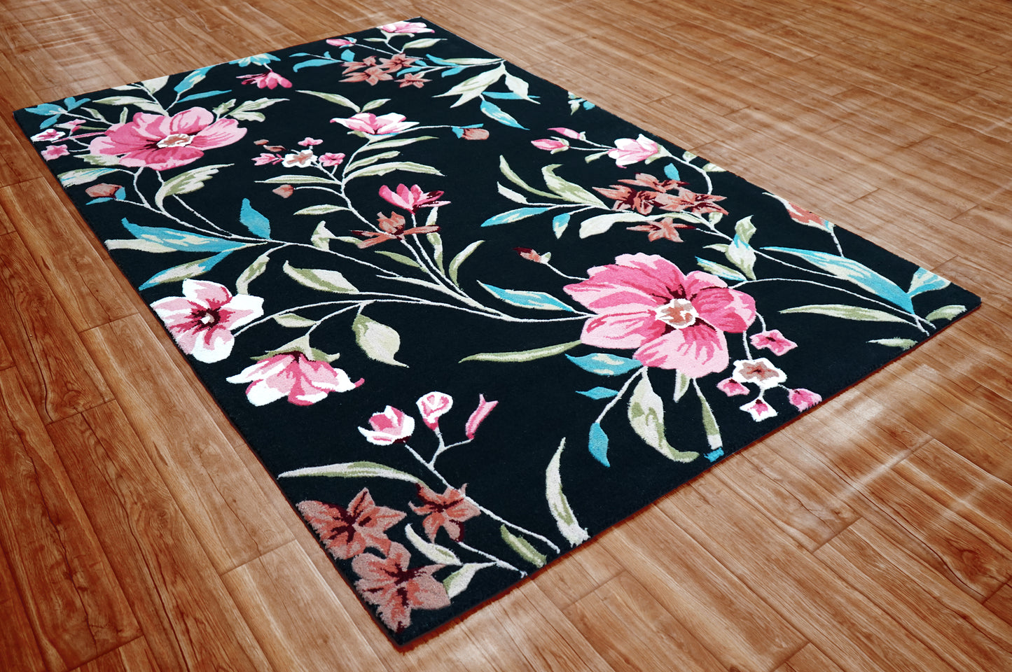 Black Pink Turquoise Green Hand Tufted Floral Wool Area Rug - Cut Pile Custom Sizes Available