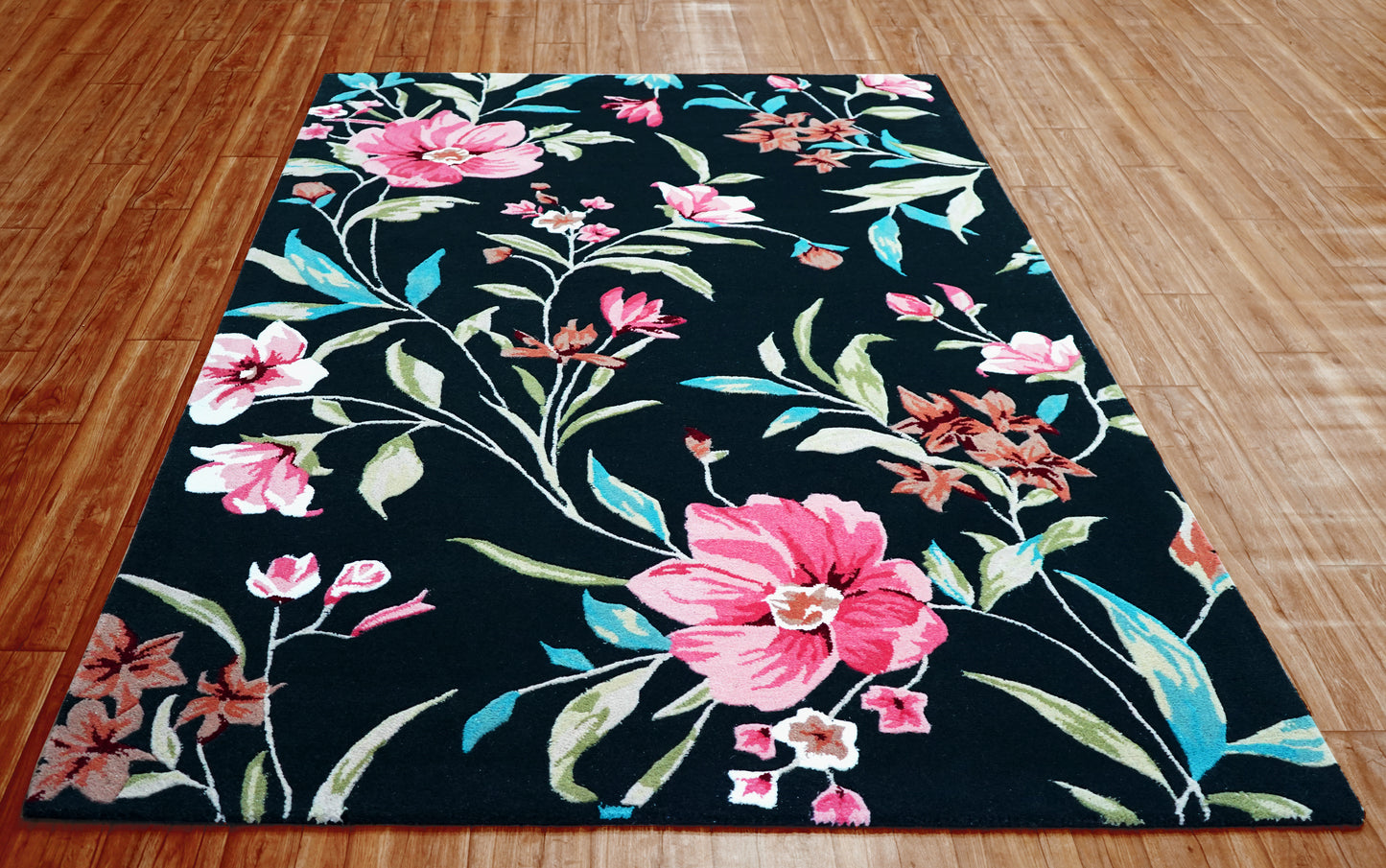 Black Pink Turquoise Green Hand Tufted Floral Wool Area Rug - Cut Pile Custom Sizes Available