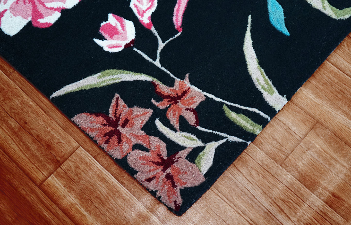 Black Pink Turquoise Green Hand Tufted Floral Wool Area Rug - Cut Pile Custom Sizes Available