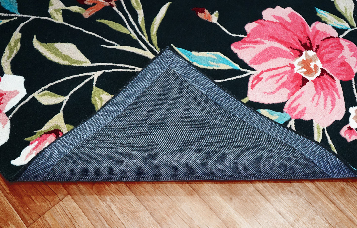 Black Pink Turquoise Green Hand Tufted Floral Wool Area Rug - Cut Pile Custom Sizes Available