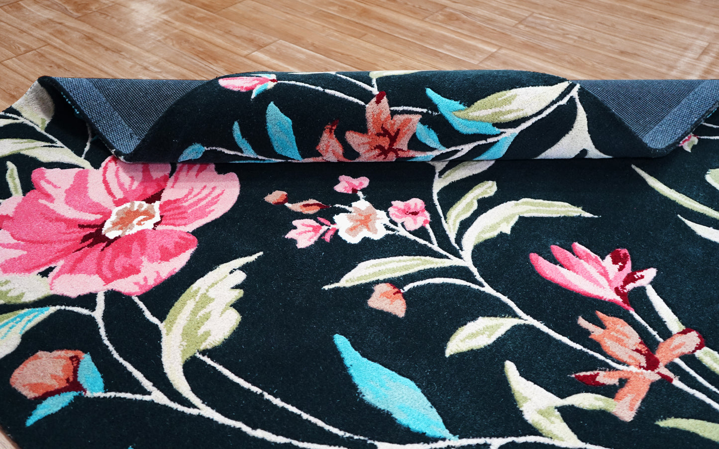 Black Pink Turquoise Green Hand Tufted Floral Wool Area Rug - Cut Pile Custom Sizes Available