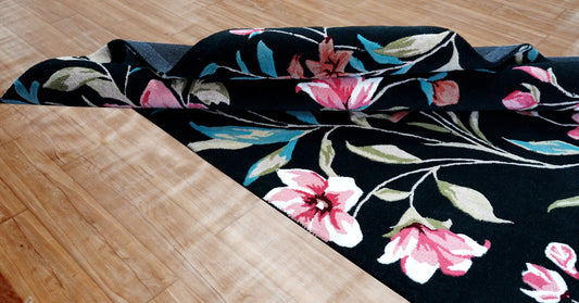 Black Pink Turquoise Green Hand Tufted Floral Wool Area Rug - Cut Pile Custom Sizes Available
