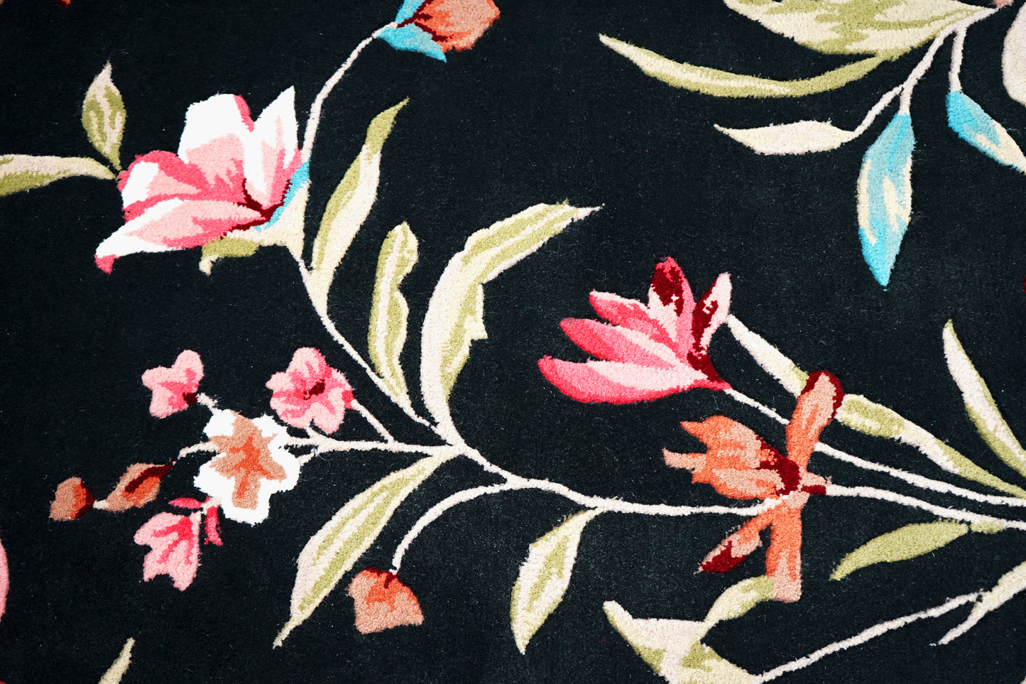 Black Pink Turquoise Green Hand Tufted Floral Wool Area Rug - Cut Pile Custom Sizes Available